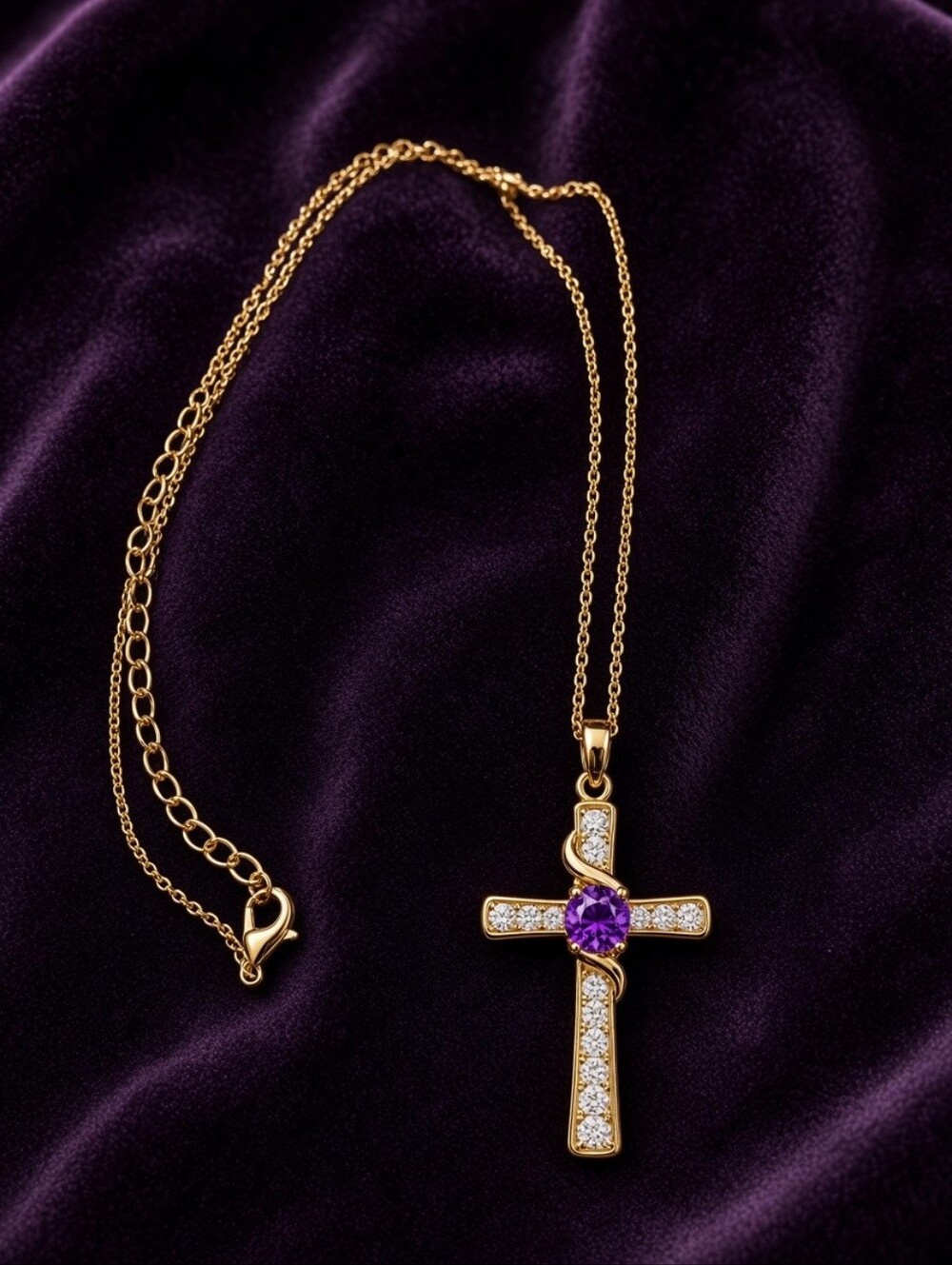Vintage Gold Tone Purple Stone Rhinestone Cross Pendant Necklace Y2K Gothic CC